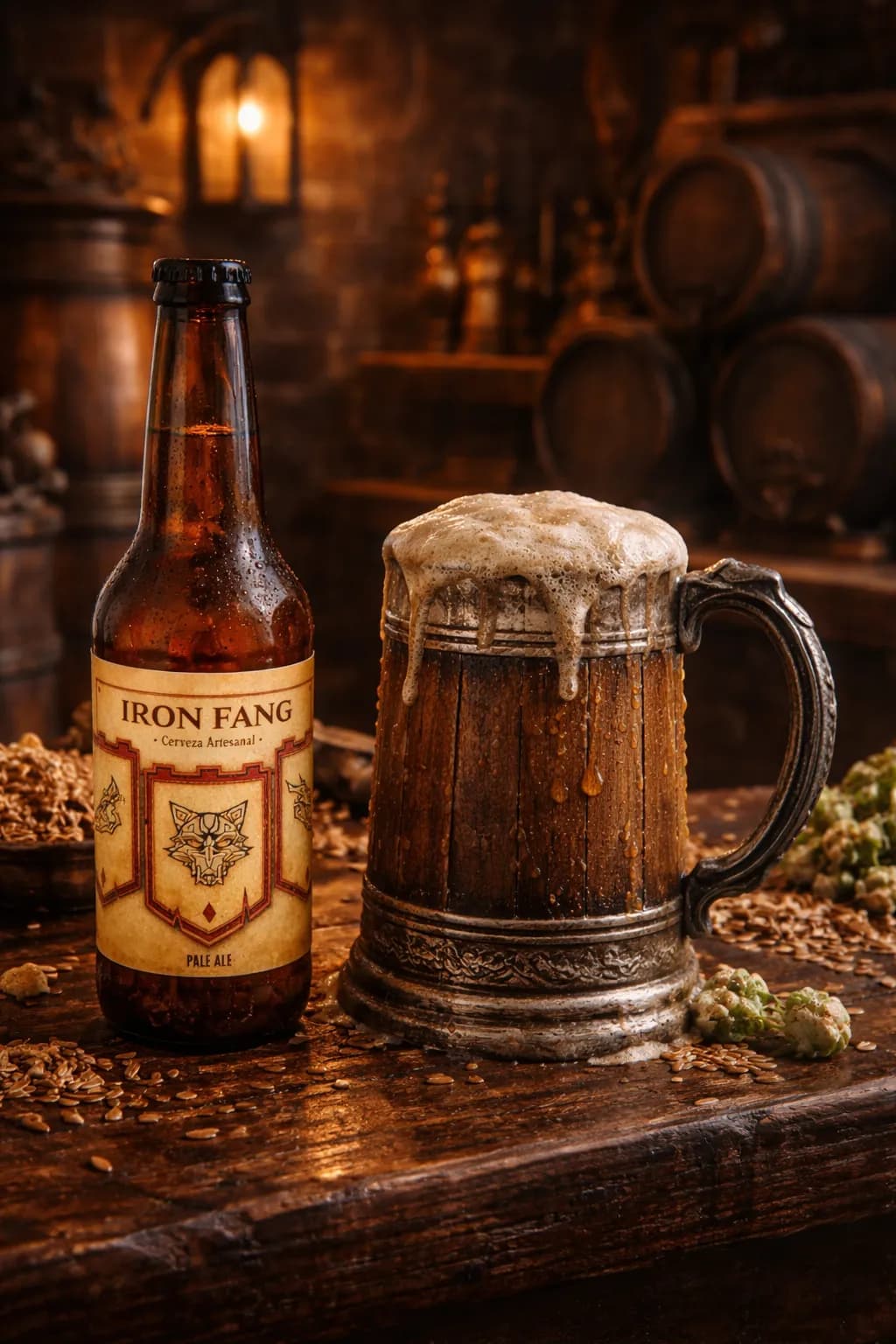 Botella Iron Fang IPA con jarra de peltre en taberna medieval oscura