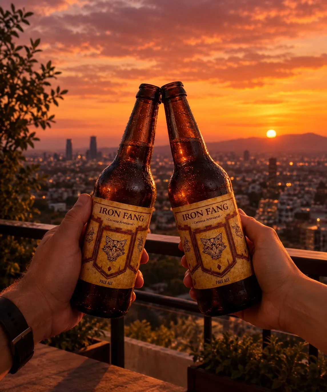 Dos manos brindando con botellas de Iron Fang en una azotea, con la Ciudad de México y el atardecer de fondo.